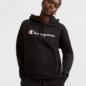 Champion Women's Black Powerblend Fleece Hoodie Script Logo Relaxed- Size Large